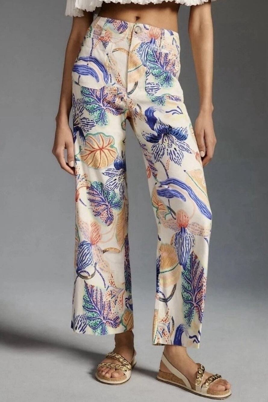 Anthropologie Sarah Gordon Colette Wide Leg Pants Botanical Linen Blend Sz 31